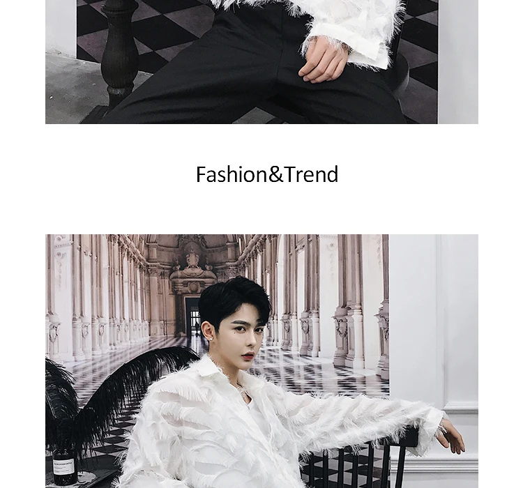 Description Picture 4 of itemSenior 3D Feather Sheer Sexy Men Blouse Trendy Handsome Party Shirt Male Dinner Banquet Fairy Elegant Tops Chic Vibe Ins Blouse