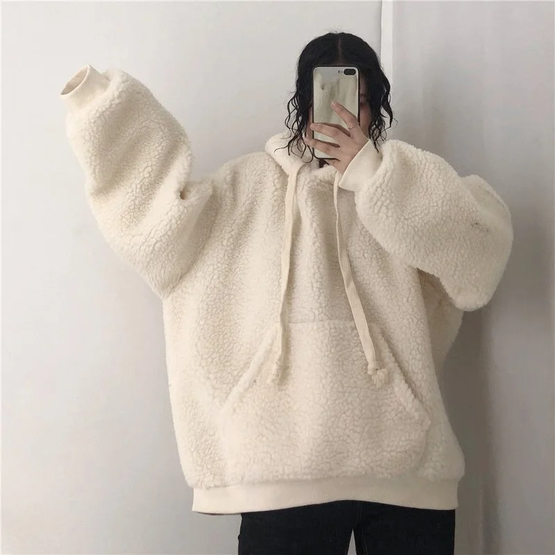 

Oversized Apric Fleece Thin Hooded Sweater Women's Spring Autumn Simple Imitation Lamb Velvet Long Sleeve Pullover Hoodie Female
