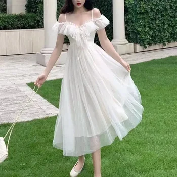 Mesh Dress Woman 2023 Summer Fairycore  Low Chest Off Shoulder Lace-Up White Dresses Women Sexy Sweet Spaghetti Strap Dress 1
