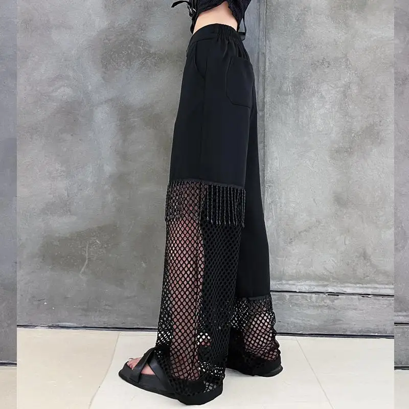 2024 Summer Women's Hollow Mesh Loose Straight Tube Slim and Hanging Large Size Wide Leg Pants