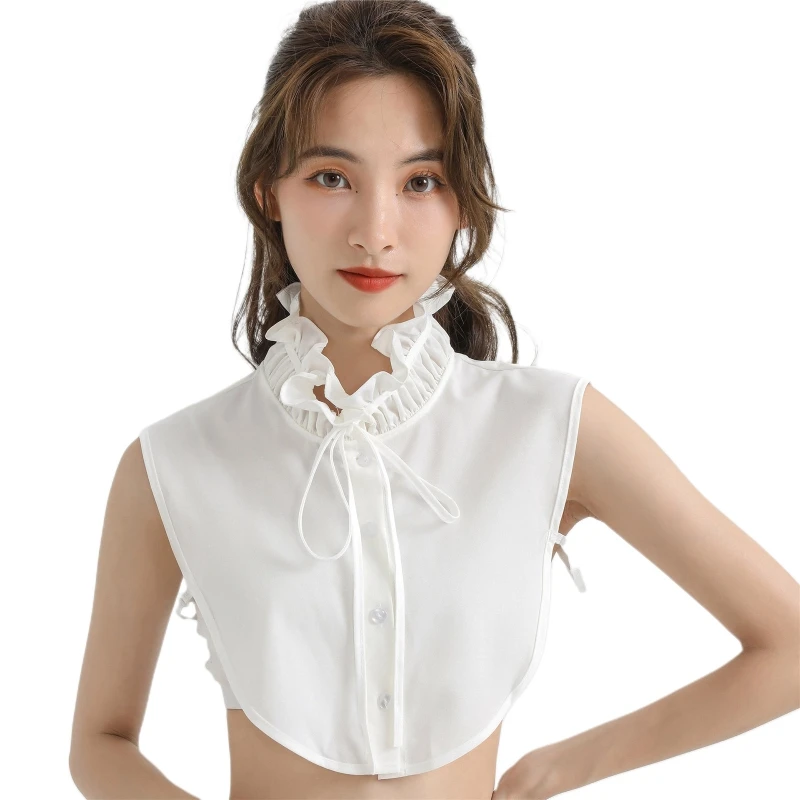 

Button Down Lace-Up Bowknot Half Shirts Detachable Blouse False Collar Ruffle Stand-Up Decorative Dickey for Women Favor