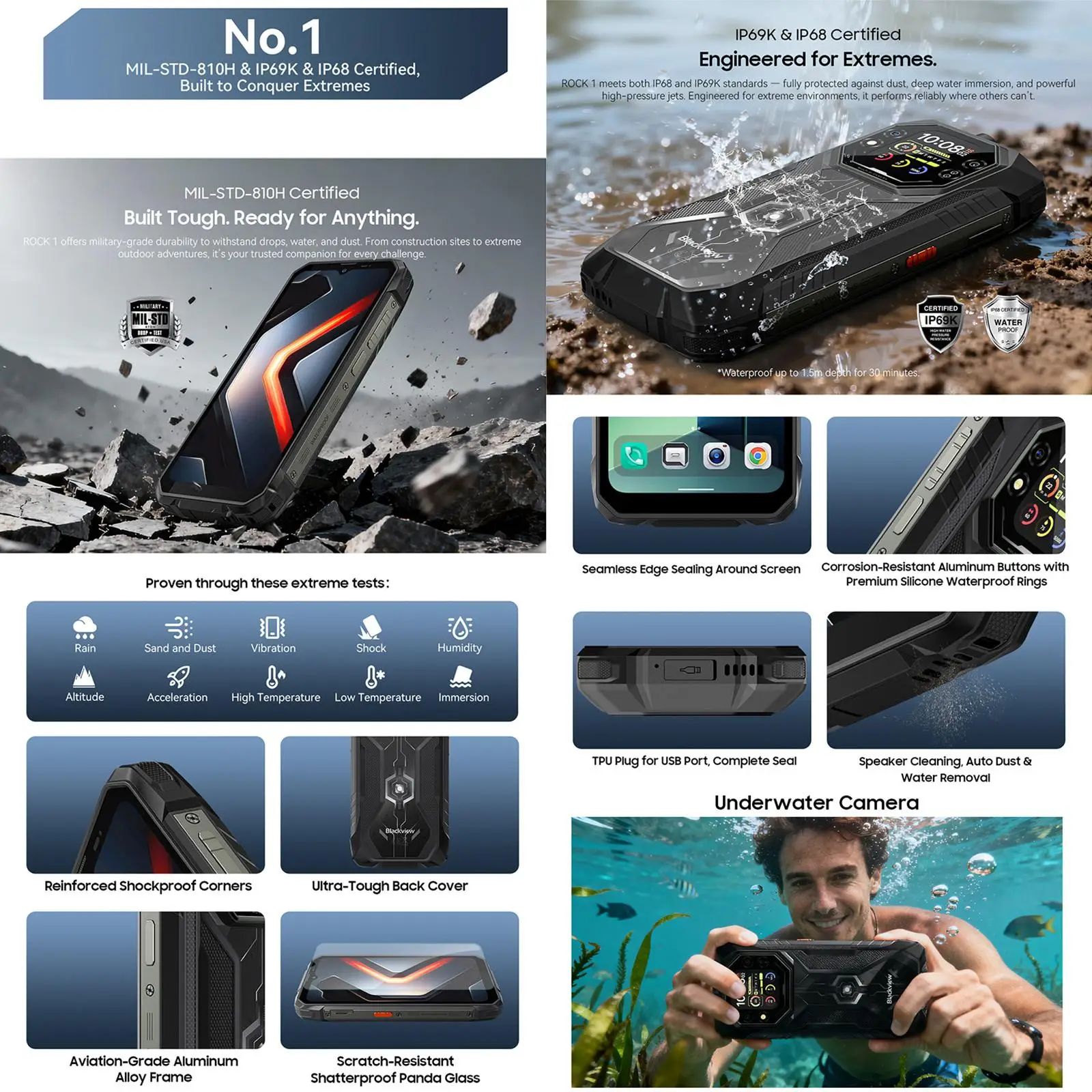Blackview ROCK 1 Rugged Smartphone 6.56'' Dual Displays 15000mAh Battery 55W 8GB+256GB Cell Phone 16MP Camera 4G Android 16 NFC