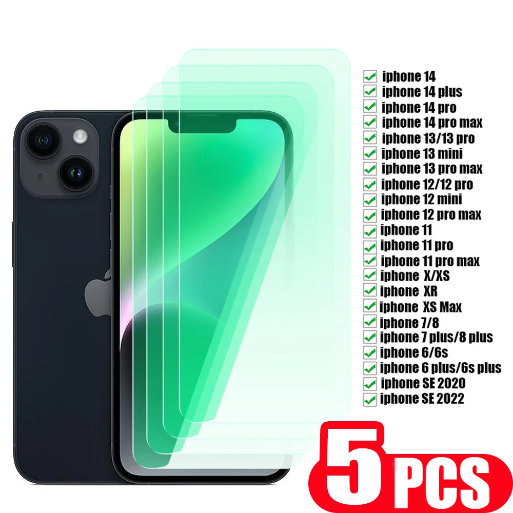 

5Pcs phone screen protector For iphone 14 pro max 13 mini 12 11 SE X XR XS Max 7 8 6 6s plus Eye protection green Tempered Glass
