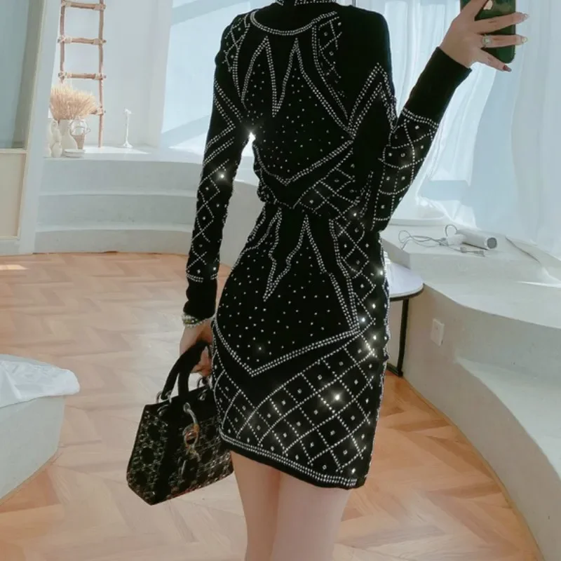 Women Autumn Winter 2 Piece Set Sexy Shiny Diamonds Female Fashion Chic Solid Knitted Long Sleeve Tshirt+Above Knee Skirt Suit