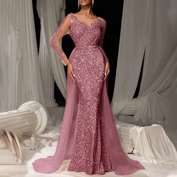 Luxury Long Sleeve Slim Dress Elegant V-neck Lace Sequin Mesh Spliced Evening Dress Fashion Solid Color High Waist Glitter Dress 1