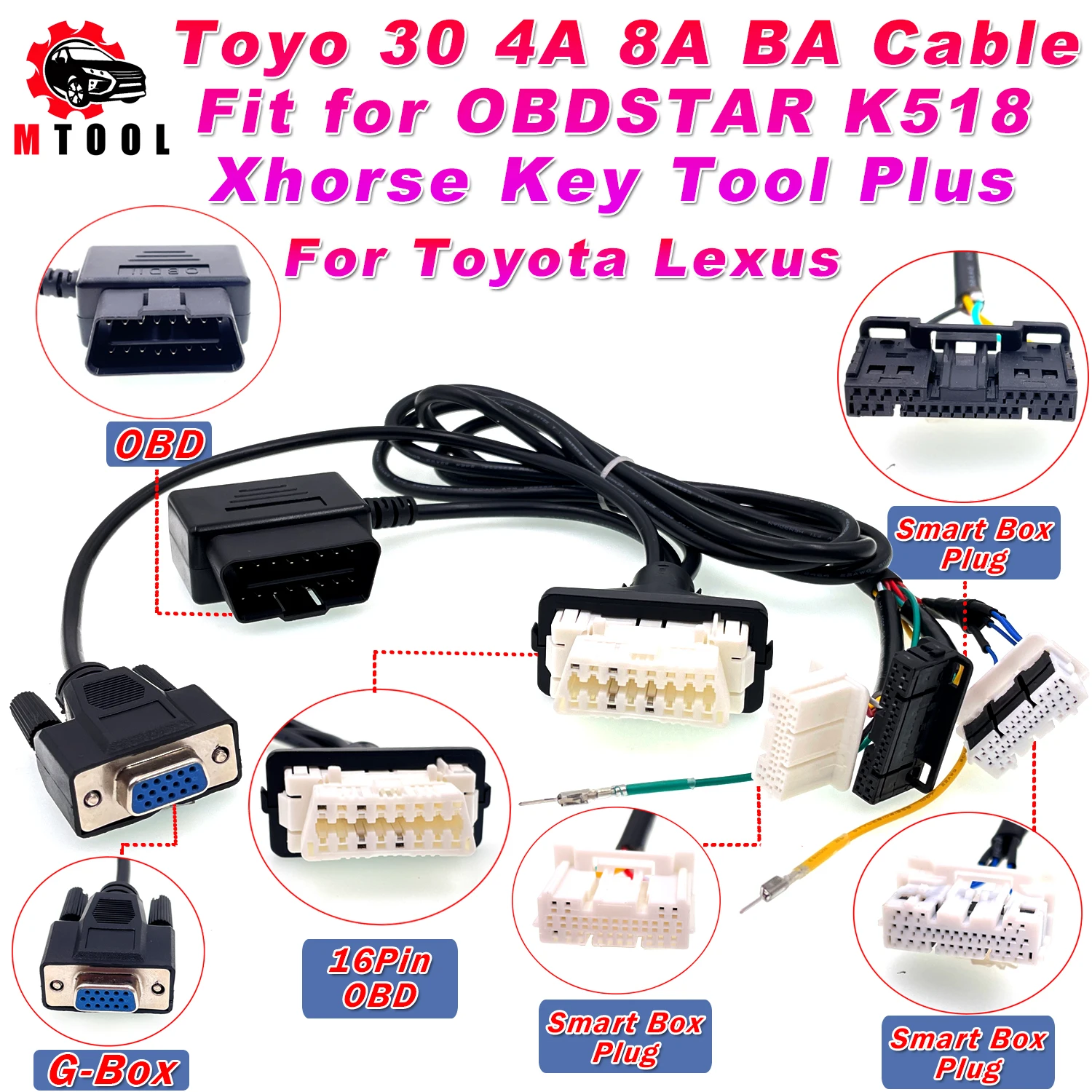 

Toyo 30 Cable 4A 8A BA 3in1 Connector Smart Key Cable 16pin OBD Cable for OBDSTAR K518 Xhorse Key Tool Plus for All Toyota Lexus