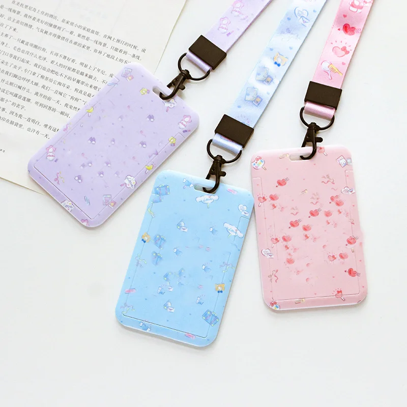 Kawaii Girls Gift Badge ID Card Holders Photo Plastic Protector Case Employees Credentials Bus Pass Name Cardholder with Lanyard