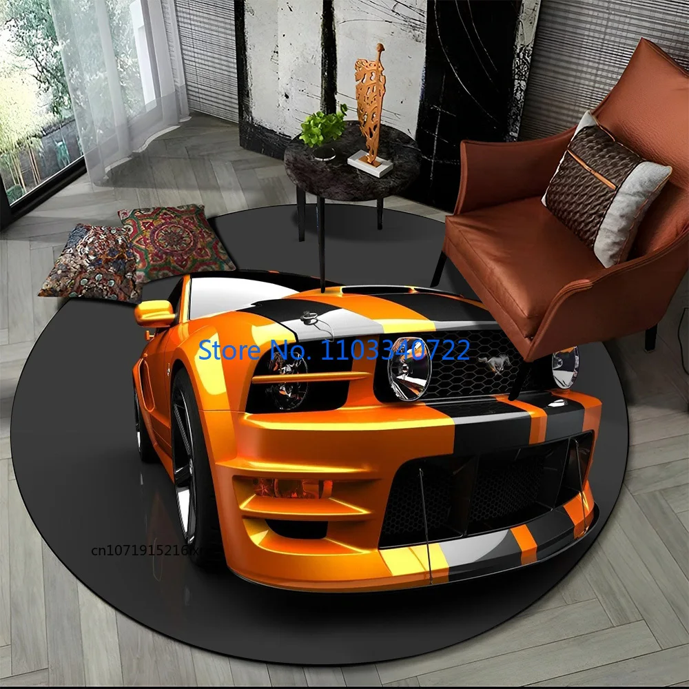

3D Mustang Car Logo GTR Series Round Rug Round Carpet 120cm Crawling Game Non-slip Play Floor Mat for Kids Living Room Decor