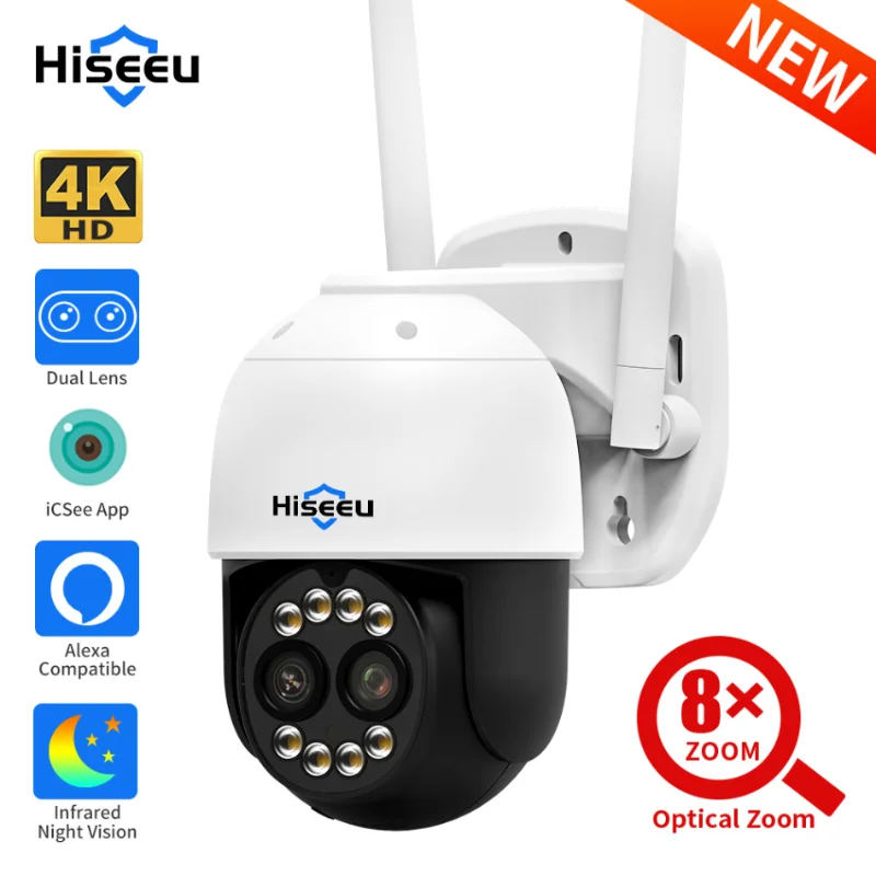 

Hiseeu 4MP Dual Lens PTZ Wifi IP Camera 8X Zoom Outdoor HD Full Color Night Vision Human Detection Video Surveillance Cameras