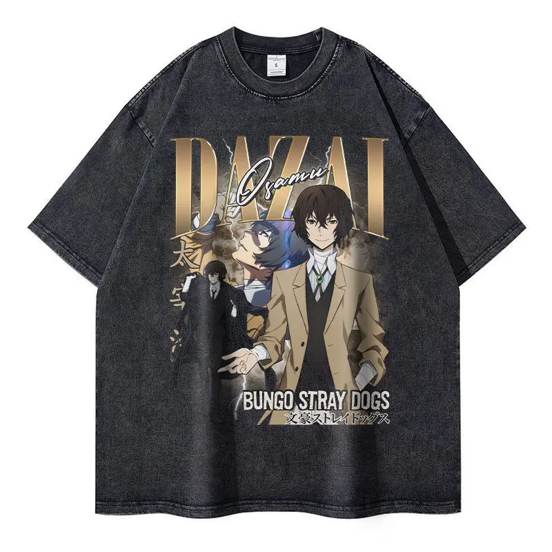 Nakahara Chuuya T-shirt Vintage Washed Anime Bungo Stray Dogs T Shirts Oversized Streetwear Dazai Osamu Atsushi Tops Tees Men 4