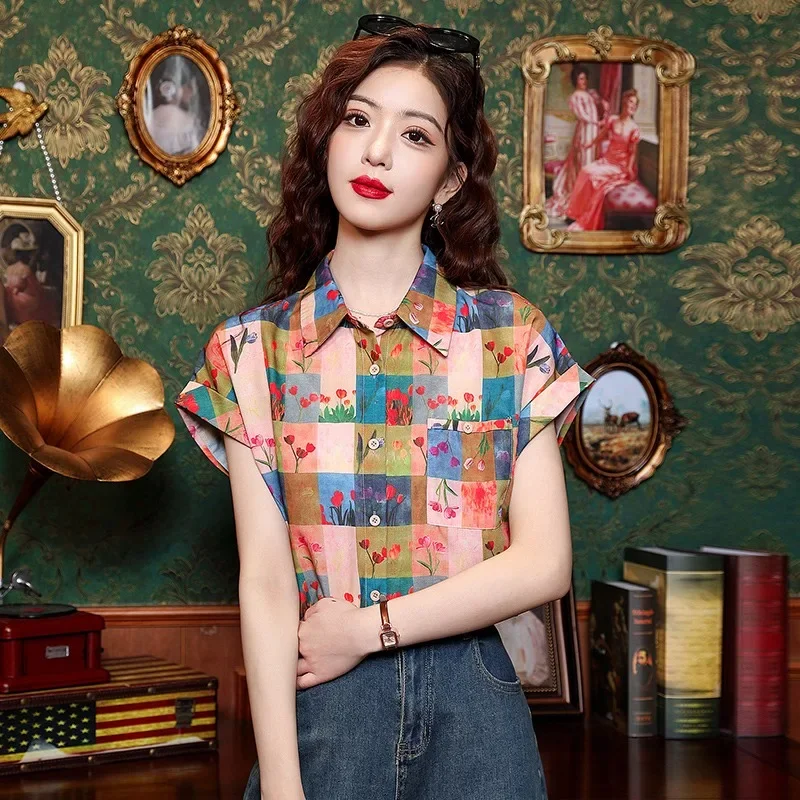 Chiffon Plaid Women's Shirt Summer Vintage Prints Blouses Loose Short Sleeves Women Tops Fashion Clothing 2024 Korean