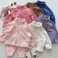 Korean Style Winter Children's Outfit Sweet Fleece Zipper Jacket Casual Pants Two-Piece Set for Girls Trendy And Comfortable