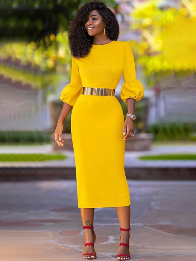 Long Sleeve Woman Dress Bodycon Yellow 