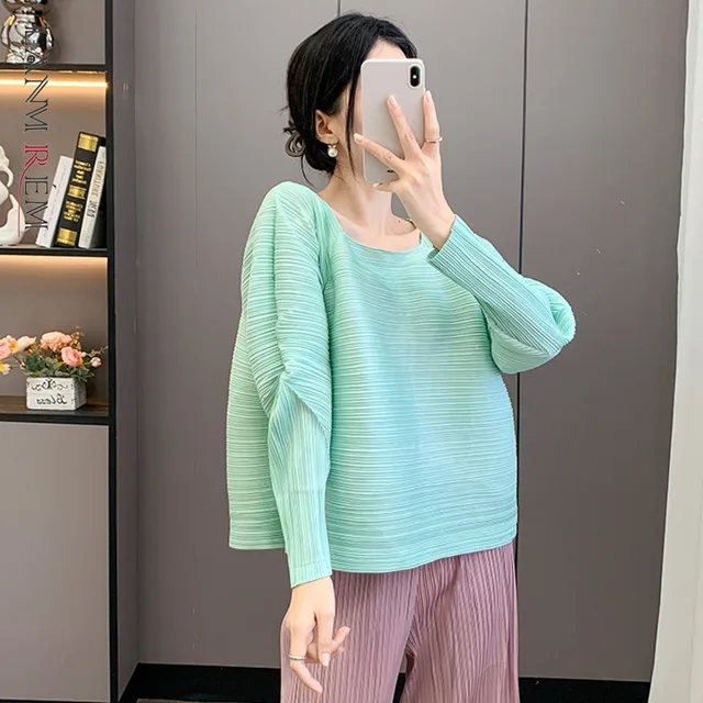 LANMREM Pleated Solid Color Design Bawting Long Sleeve Women's T-shirt 2025 Autumn New Loose Chic Elastic Pullover Top 2DB4510