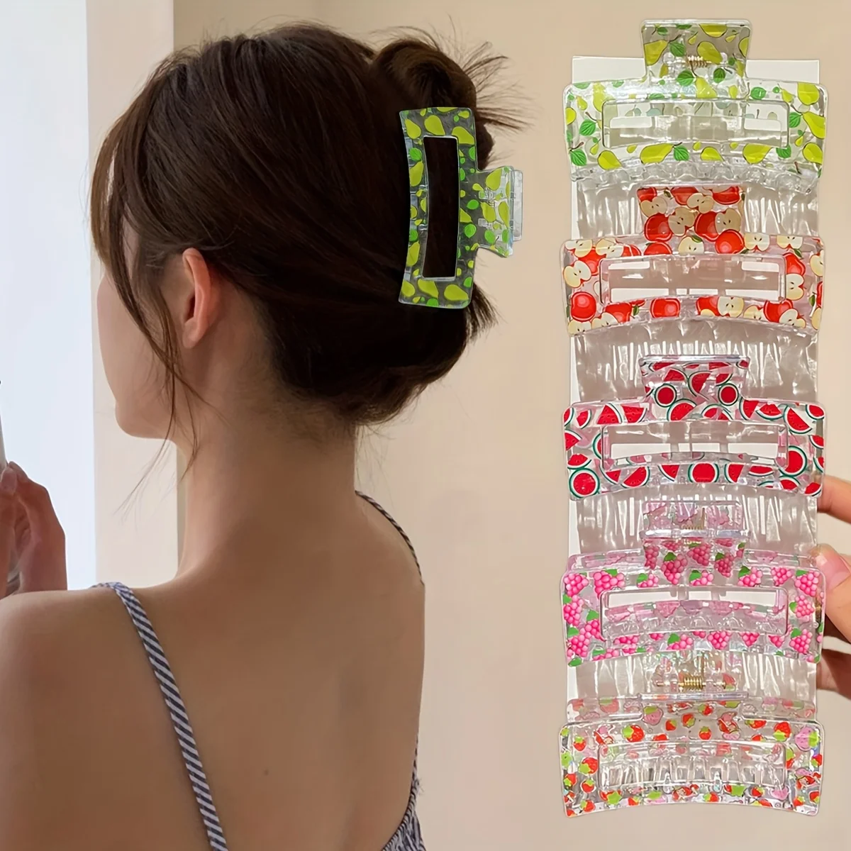 Modello da donna da 5 pezzi, motivo di frutta colorata, fermaglio per capelli quadrato medio, fermaglio per squalo, accessori per capelli regalo consigliati