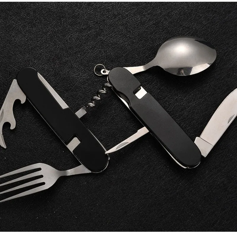 Tablespoon Set 4 In 1 Foldable Spoon Knife Fork Bottle Opener Stainless Steel Folding Pocket Kits Outdoor Tableware Set Kitchen