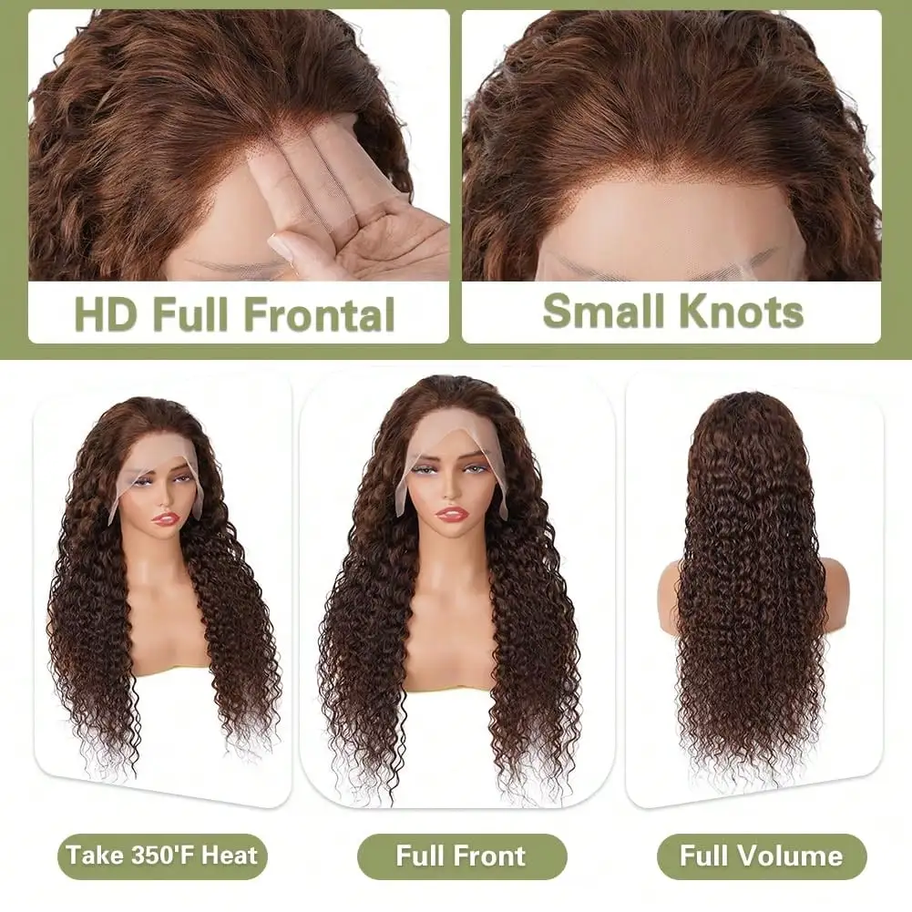 Chocolate Brown Deep Wave Glueless Human Hair Wig 13x4 HD Lace Front 250% Density Pre Plucked With Baby Hair Put On Go Wig 3