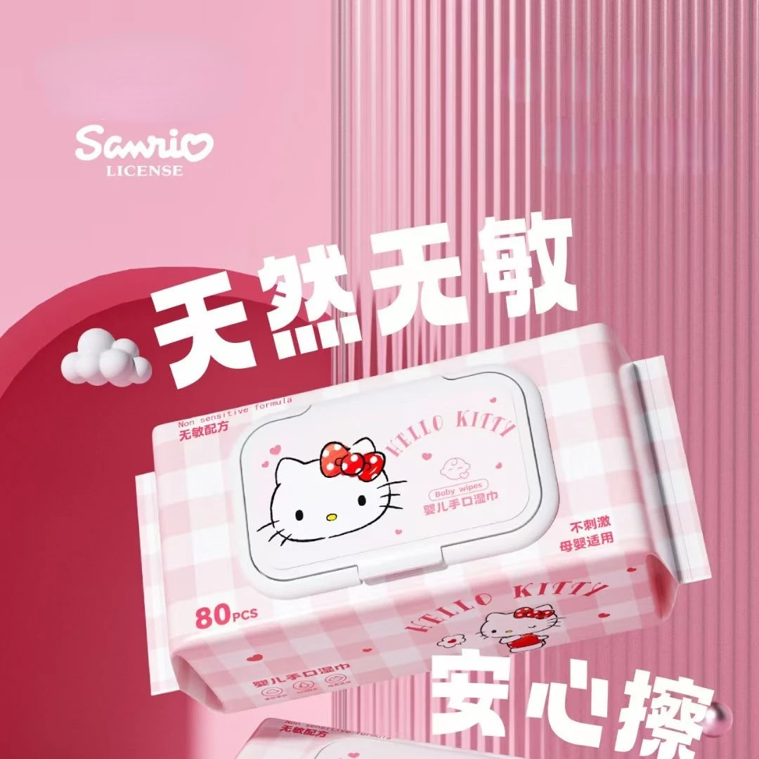 

Sanrio Hello Kitty Pure Water Wet Wipe Household 80-pcs Wet Tissue with Lid Thickened Wipes Disposable Cleaning Wet Tissue