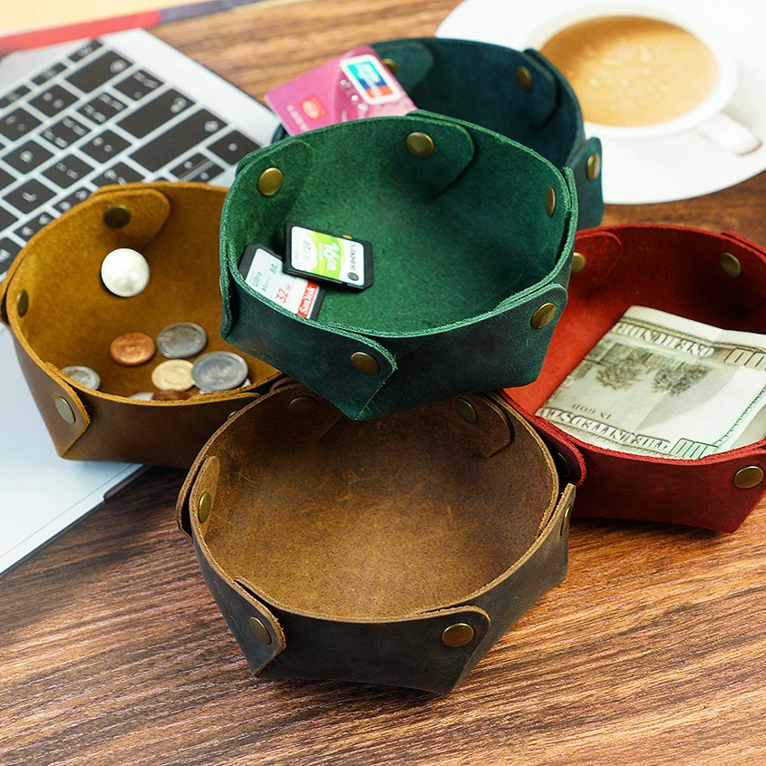 

AIGUONIU Genuine Leather Key Storage Box Retro Desktop Coin Storage Bag Crazy Horse Leather Porch Jewelry Storage Tray Wholesale