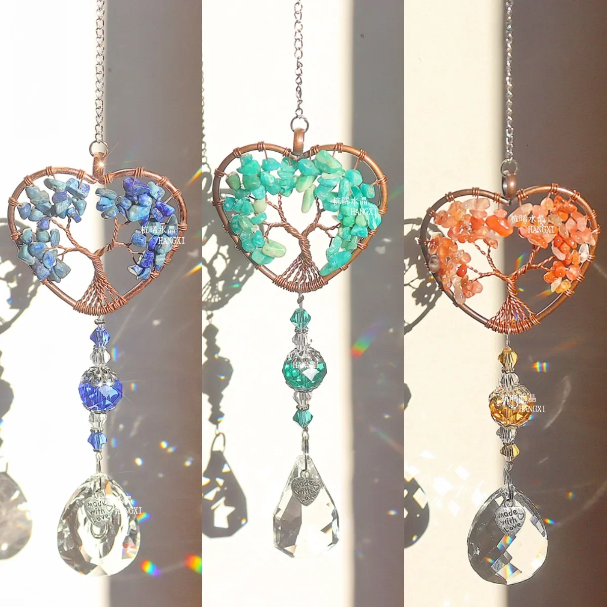 Crystal Pendant Sun Catcher 1PC Love Heart Tree of Life Kabbalah Quartz Prism Glass Crystal Pendant Agate Chakras Energy Stone Meditation DIY Garden Hanging