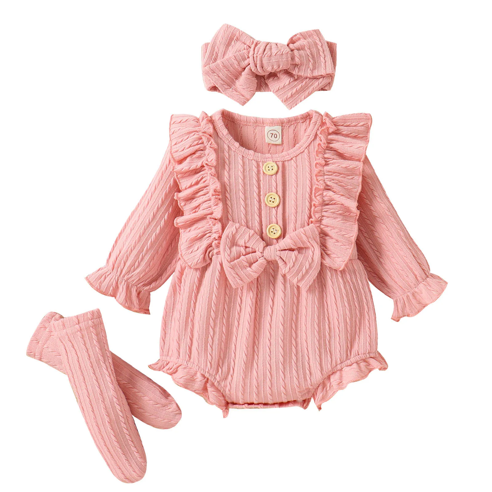 Infant Girls Ribbed Ruffles Long Sleeve Bowknot Romper Bodysuit Headbands Outfits Baby Clothes Mom Cotton Leotard Girls