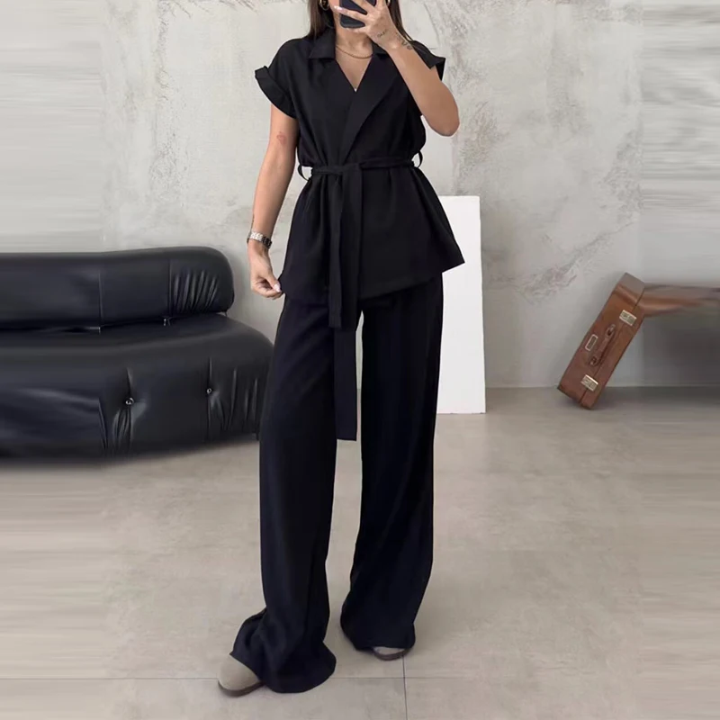 

2024 Women Fashion Lace-up Waist Commuter Suit Elegant Lapel Shirt and Wide Legger Outfits Casual Sleeveless Solid Loose 2Pc Set