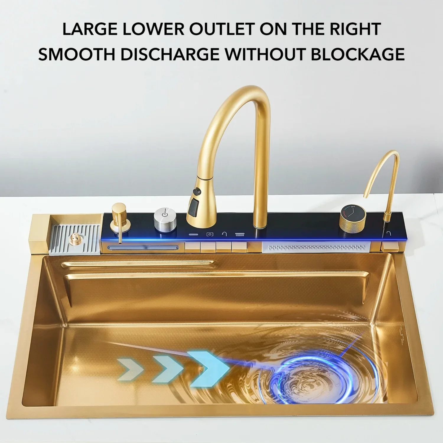 29.5" Gold Smart digital display waterfall sink, 304 Stainless Steel Modern kitchen sink with 5 Water Outlet Modes 5