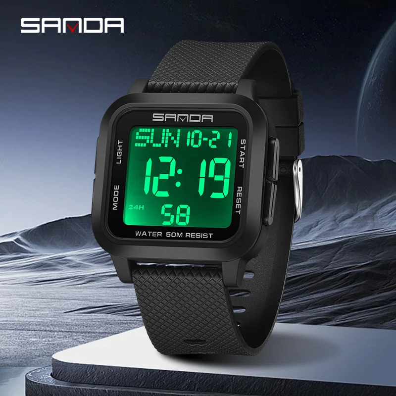 SANDA 2194 Square LED Electronic Watch Mens Multifunctional Digital Timing Clock Calendar Alarm Military Casual Waterproof Watch 2