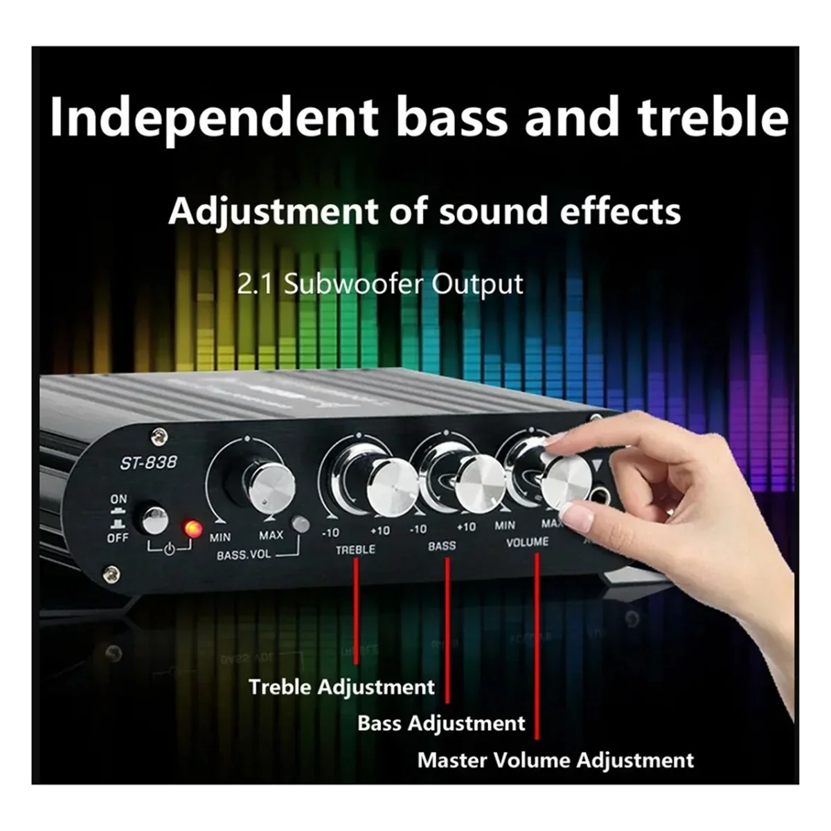 ST-838 HIFI 증폭기 2.1 채널 차량용 MP3 미니 앰프 AUX 입력 고음 및 저음 조정 슈퍼베이스 20Wx2 + 40W 증폭기