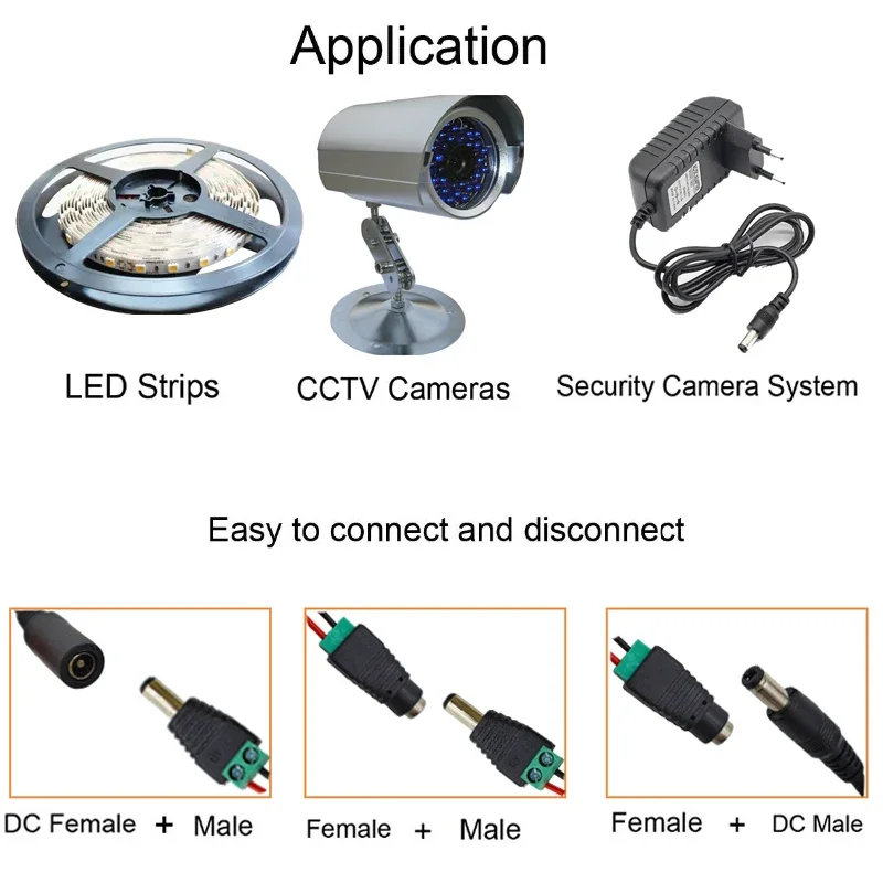 DC 12V Power Plug Adapter Jacks Sockets Connectors For Signal LED Strip CCTV Camera 2.1*5.5mm