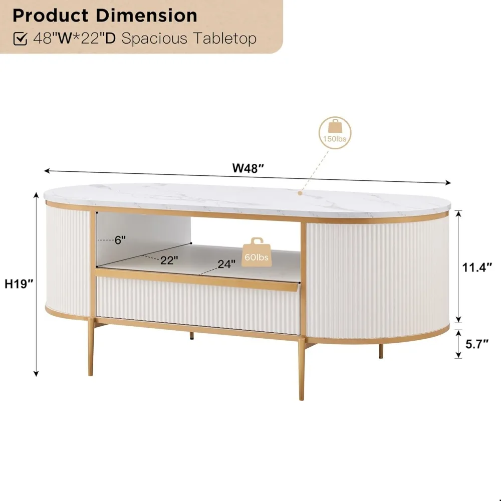 48" Oval Coffee Table with Drawer, Faux Marble Top, Curved Profile Design, Center Table for Living Room, Café Tables 2