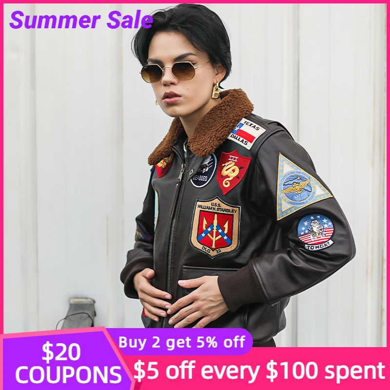 Universal Popa Hambre Chaqueta de piel auténtica para mujer, abrigo de piloto G1 de estilo militar,  color marrón oscuro, talla Europea 3XL, piel de vaca gruesa Natural  auténtica, 2022|Chaquetas de cuero| - AliExpress