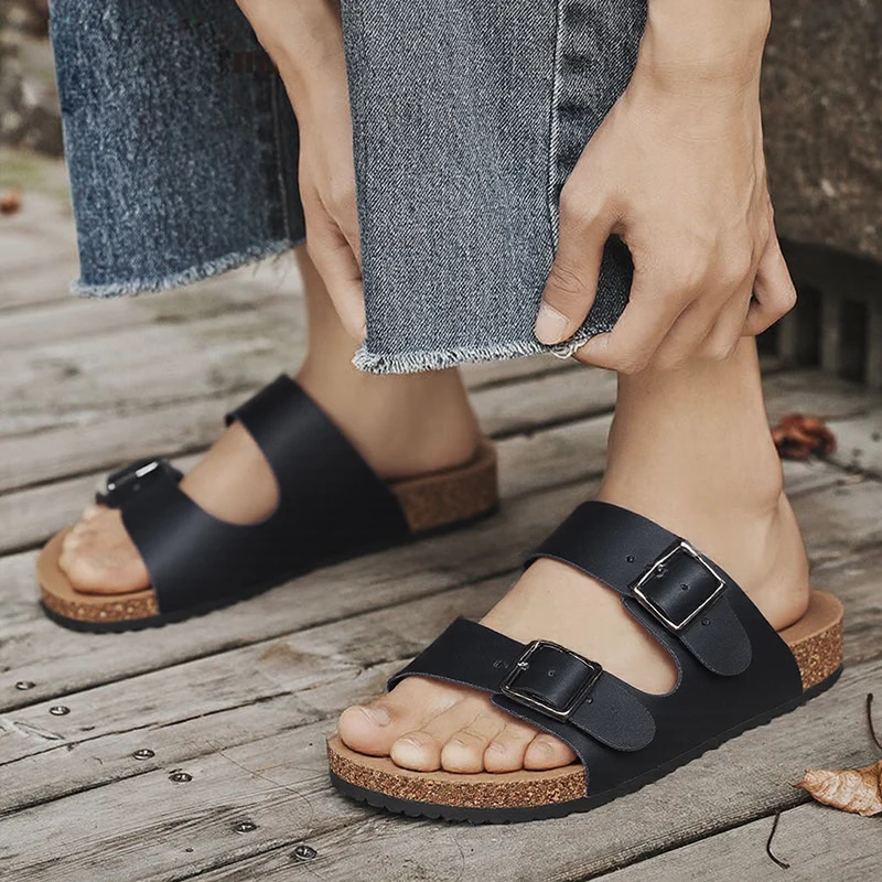  Cork Mules Sandals Leather Retro Buckle Slippers Size 35-46 Unisex Beach Anti-Slip Thick Sole Summer Fashion Footwear, view 3