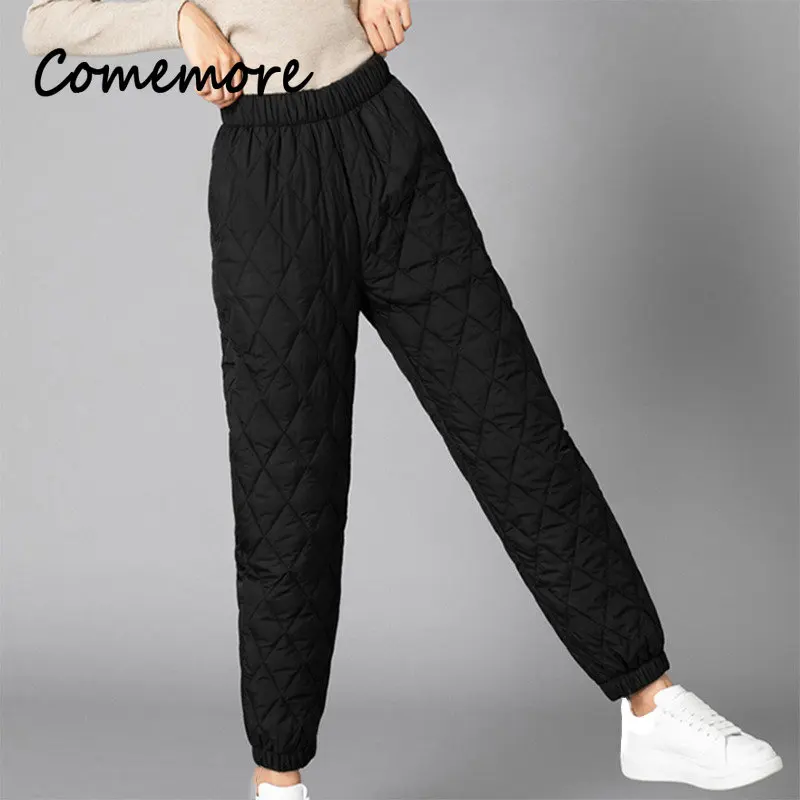 New Winter Warm Down Cotton Pants Women Fashion Padded Quilted Thicken Trousers Elastic Waist Lightweight Casual Pants