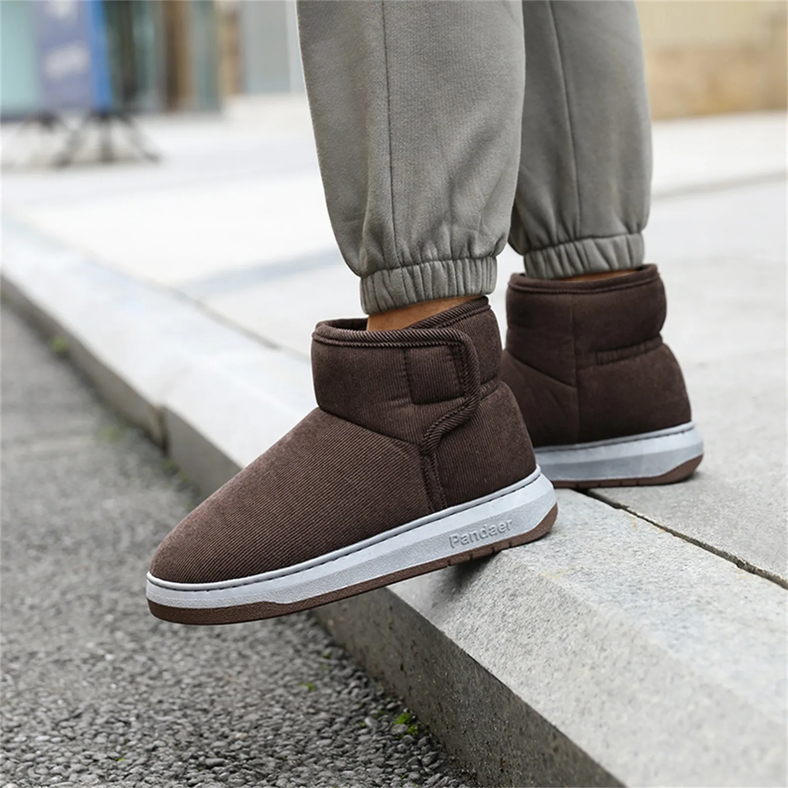 Mens Casual Solid Color Suede Cotton Slippers Warm Thick Sole High-Top Soft Comfort Cotton Boots Indoor Outdoor All Match Shoes