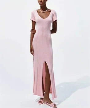Women's Sexy Deep V Neck Short Sleeve Long Knit Dress Summer Casual Beach Crochet Bikini Cover-Up Swimsuit Cover Ups Swimwear 1