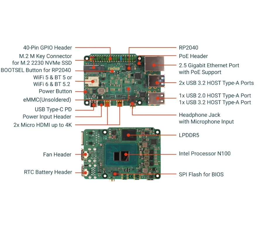Radxa X4 Intel N100 PCIe 3.0 M.2 M Key WiFi 5/6 High-Performance SBC Dual 4K Output single board computer mini development board