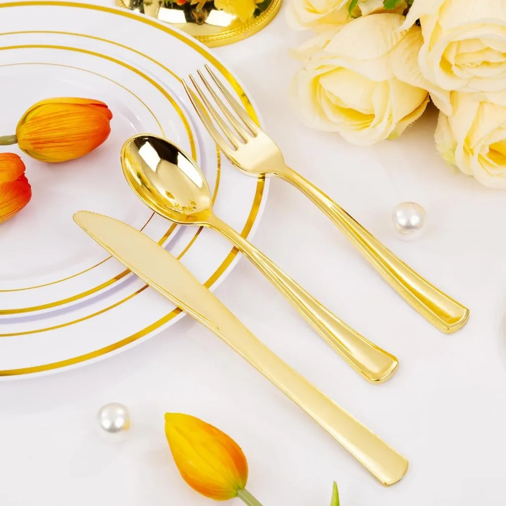 350 Pieces Plastic Plates-50 Guest Disposable Dinnerware Set Include 100 Plates, 50 Gold Plastic Silverware, Gold Napkins