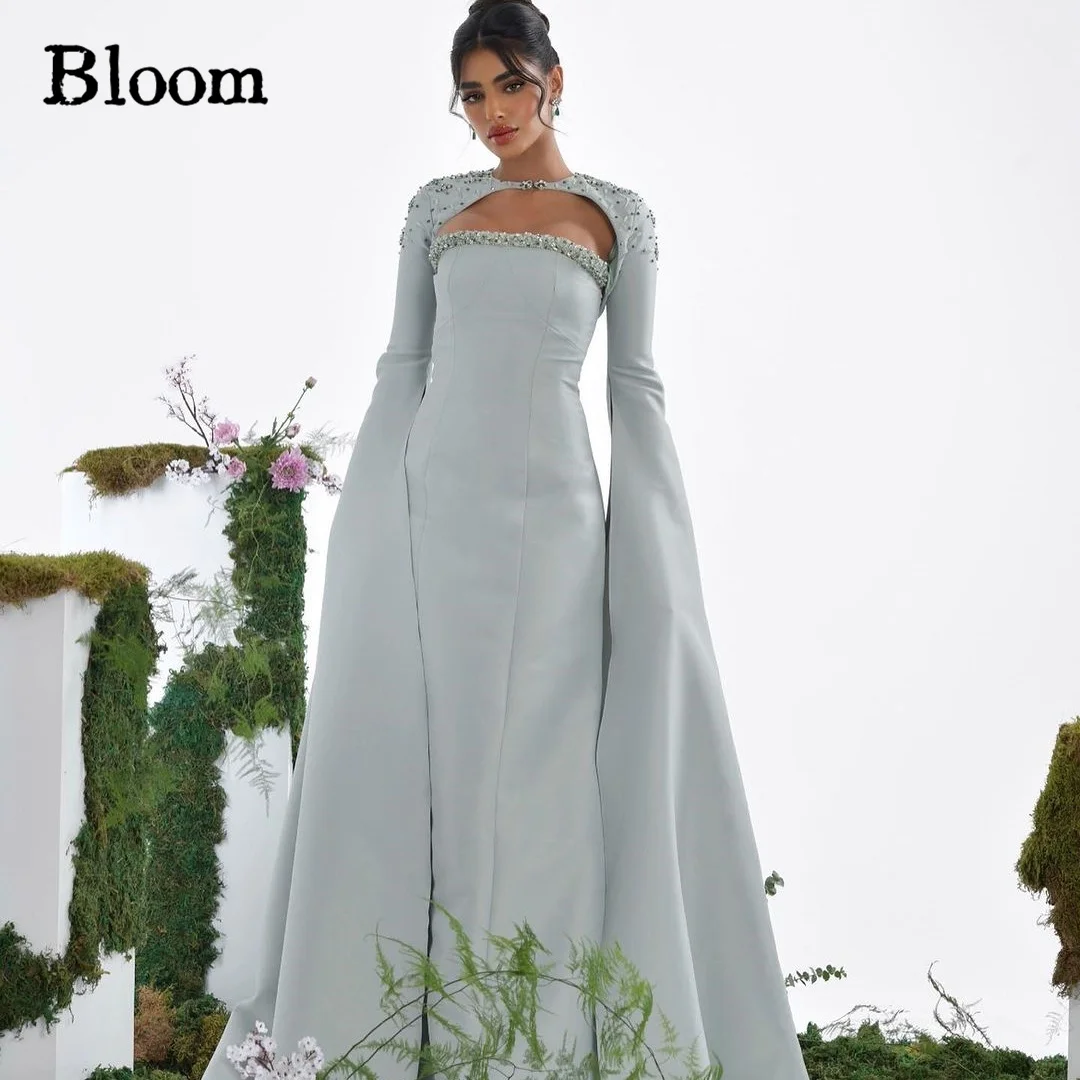 

Bloom Strapless Prom Dresses Long Sleeves Jacket Sequins Beads Satin Floor Length Evening Dresses High Quality Formal Party Gown