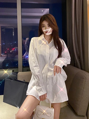패션 디자인 핫 드릴링 스트라이프 정장, 2023 봄 가을 신상 캐주얼 루즈 긴팔 셔츠, 와이드 레그 반바지, 기질 2 개 3