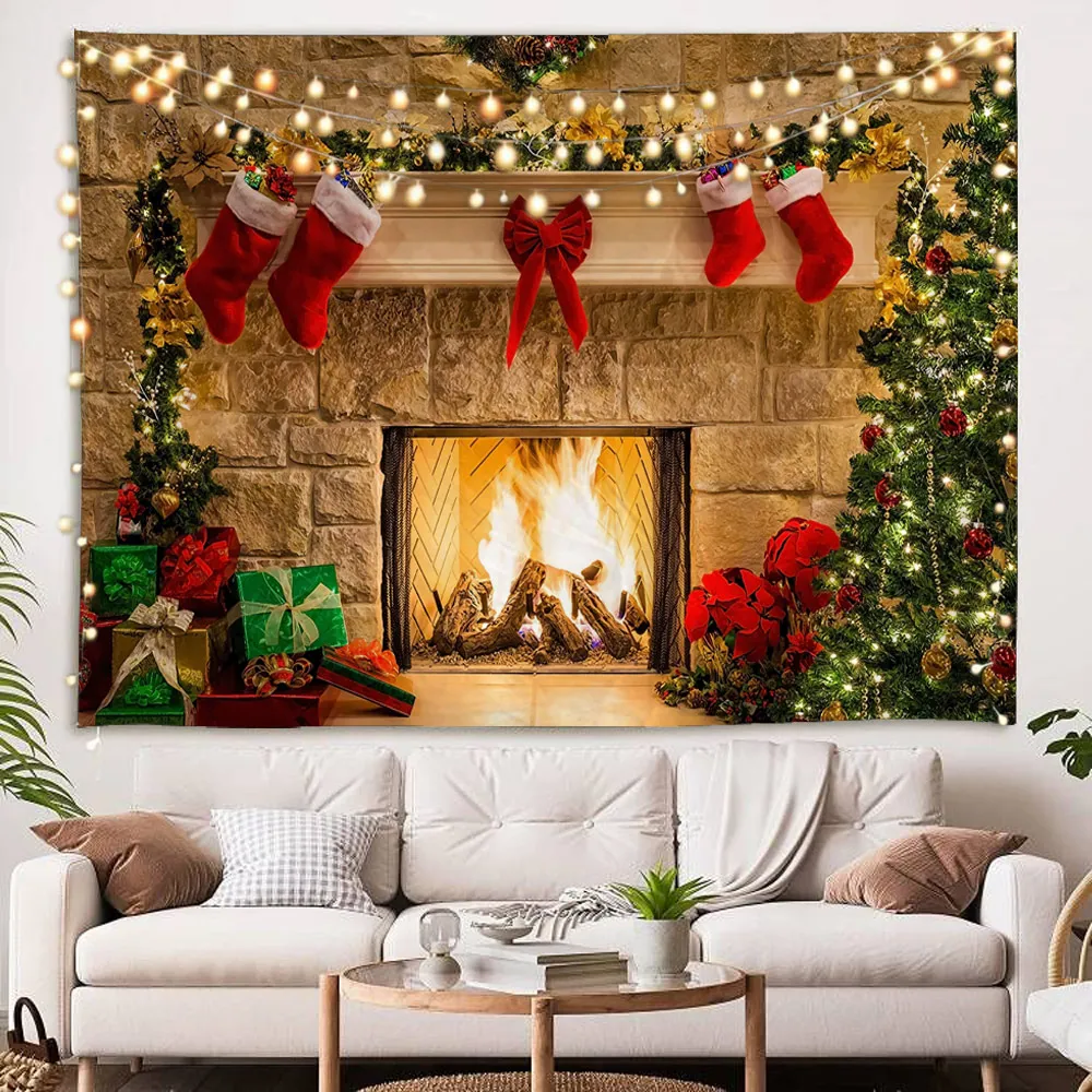 

Christmas Fireplace Tapestry Christmas Tree with Christmas Stocking Decor Wall Hanging Warm Christmas Wall Art for Bedroom Room