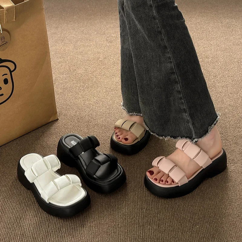 Thick Sole Slippers Women's  Summer New Outwear Square Head Roman Style Versatile Elevated Slippers