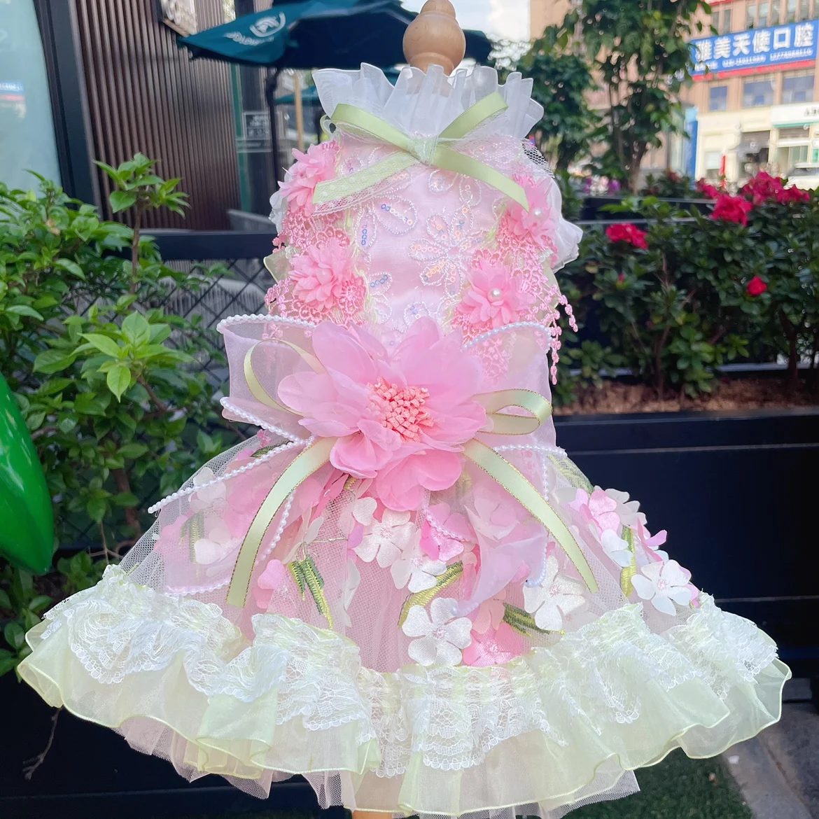 アラシ様❤️ピンク♡レースフラワー♡ワンピース♡ハンドメイド犬服 