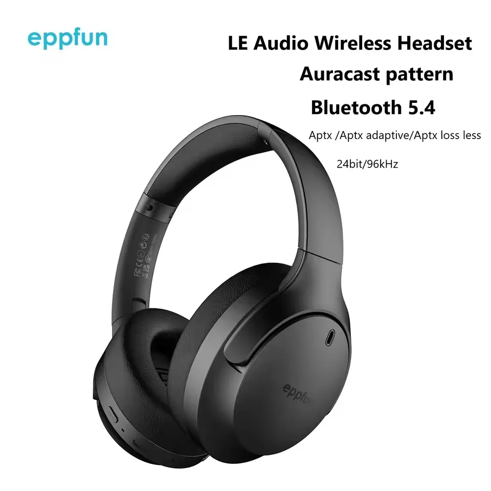 سماعات رأس Eppfun LE Audio Auracast بتقنية البلوتوث 5.4، سماعات فوق الأذن مع ميكروفون، تدعم ترميز الصوت Aptx Lossless/AD/HD منخفض...