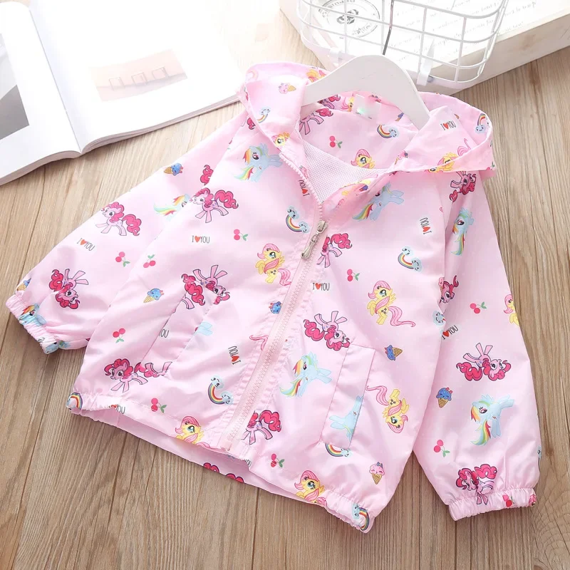 

2024 New Spring Summer Kids Windbreaker Jacket For Girls Fashion Trench Coat Cartoon Little Pony Hooded Children Outwear Clothes