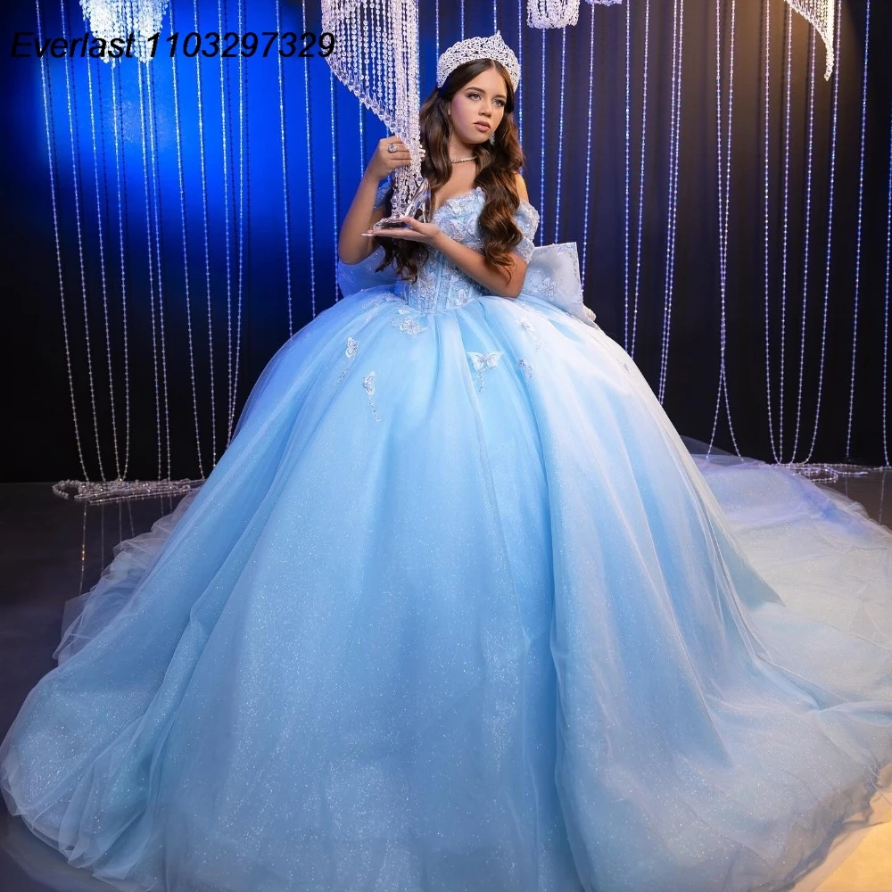 EVLAST Sky Blue Quinceanera Dress Ball Gown Butterfly Applique Beading Bow Sweet 16 Vestido De 15 Anos QD1196