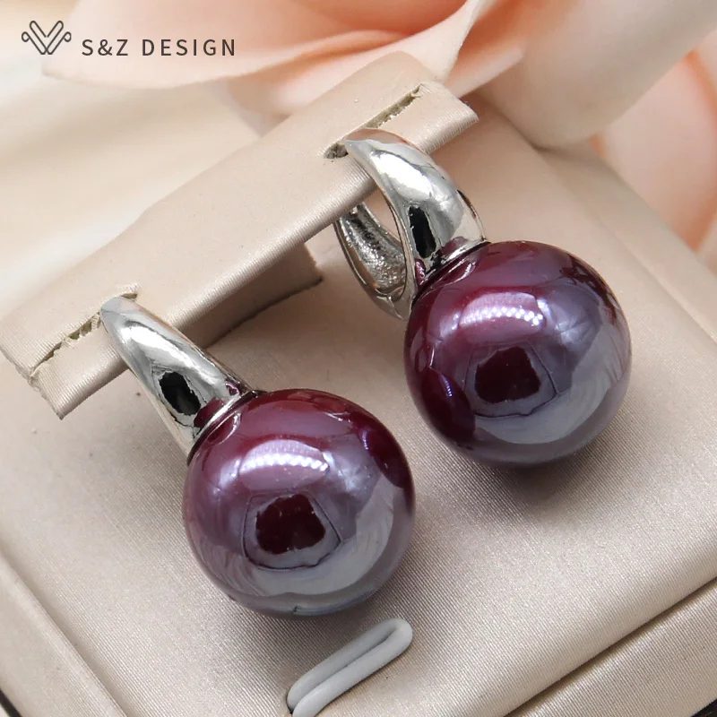S&Z DESIGN New Fashion Colorful Wine Red Round Beads Dangle Earrings For Women Temperament Daily 585 Rose Gold Color Jewelry