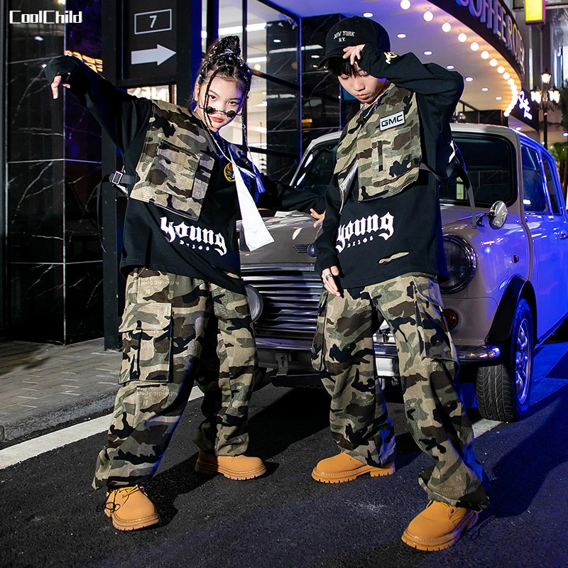 Boys Streetwear Girls Hip Hop Camouflage Vest Cargo Pants Children Military Jogger Street Dance Kids Costume Teen Fashion Outfit