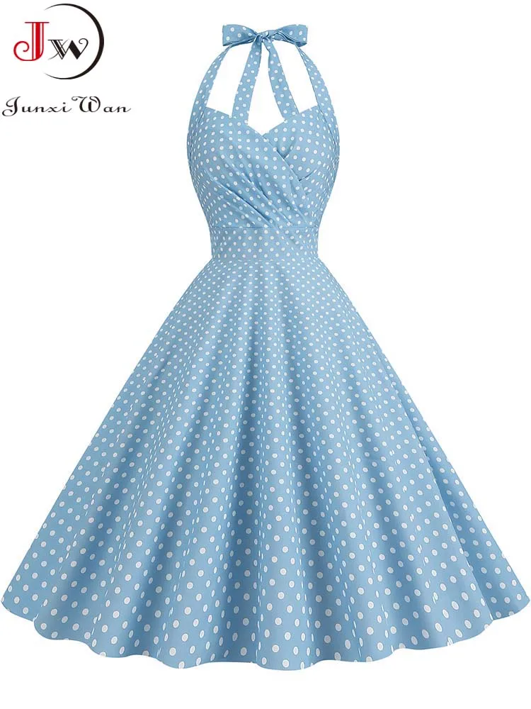 

Elegant Polka Dot Party Dress Women Summer Halter High Waist 50s Vintage Fit and Flare Backless Retro Dresses