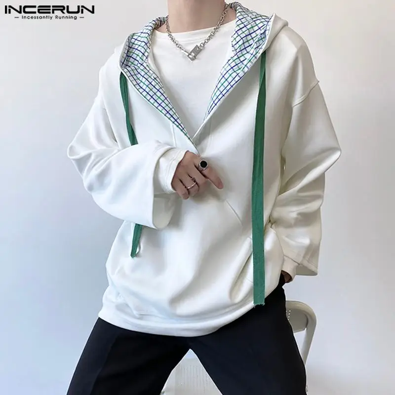 

INCERUN Tops 2023 Korean Style Men's Fashion V-neck Plaid Patchwork Sweatshirts Casual Street Pullover Long Sleeved Hoodie S-5XL